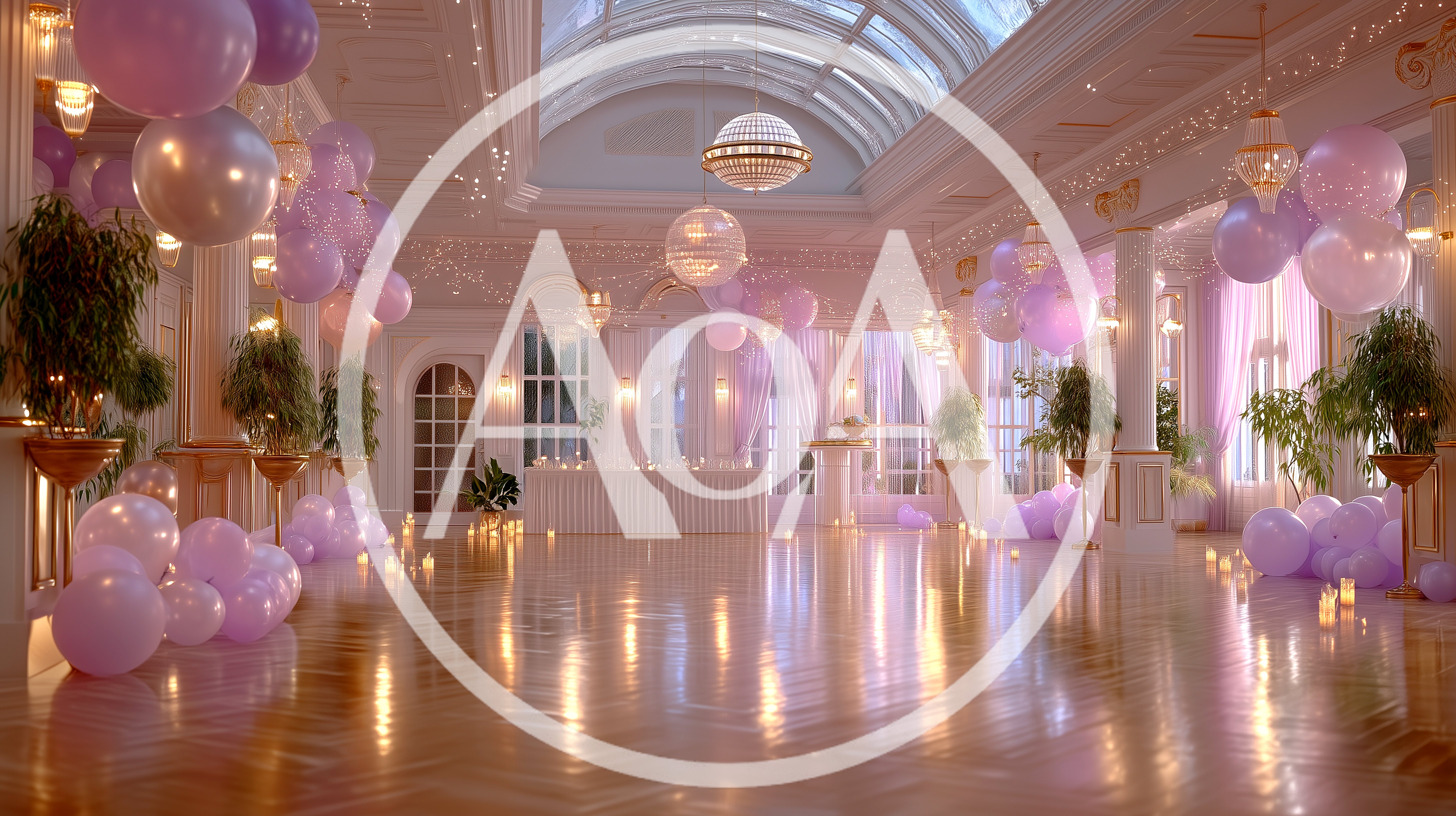 Elegant Ballroom Decorated With Purple Balloons For Celebration