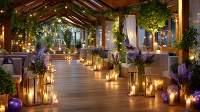 Elegant Wedding Venue Decorated With Purple Flowers And Candles