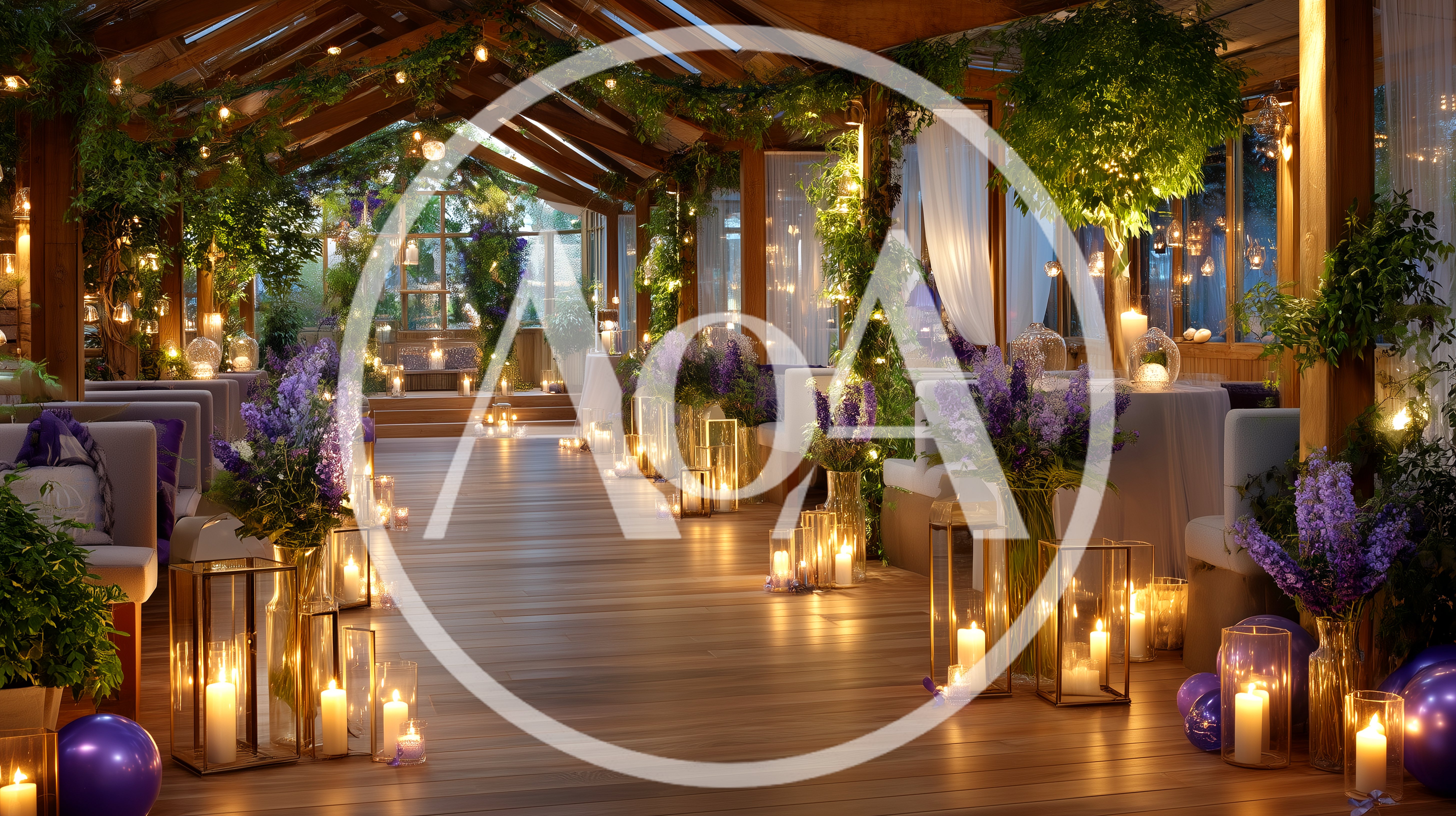 Elegant Wedding Venue Decorated With Purple Flowers And Candles