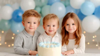 Three Young Children Posing Behind A Birthday Cake