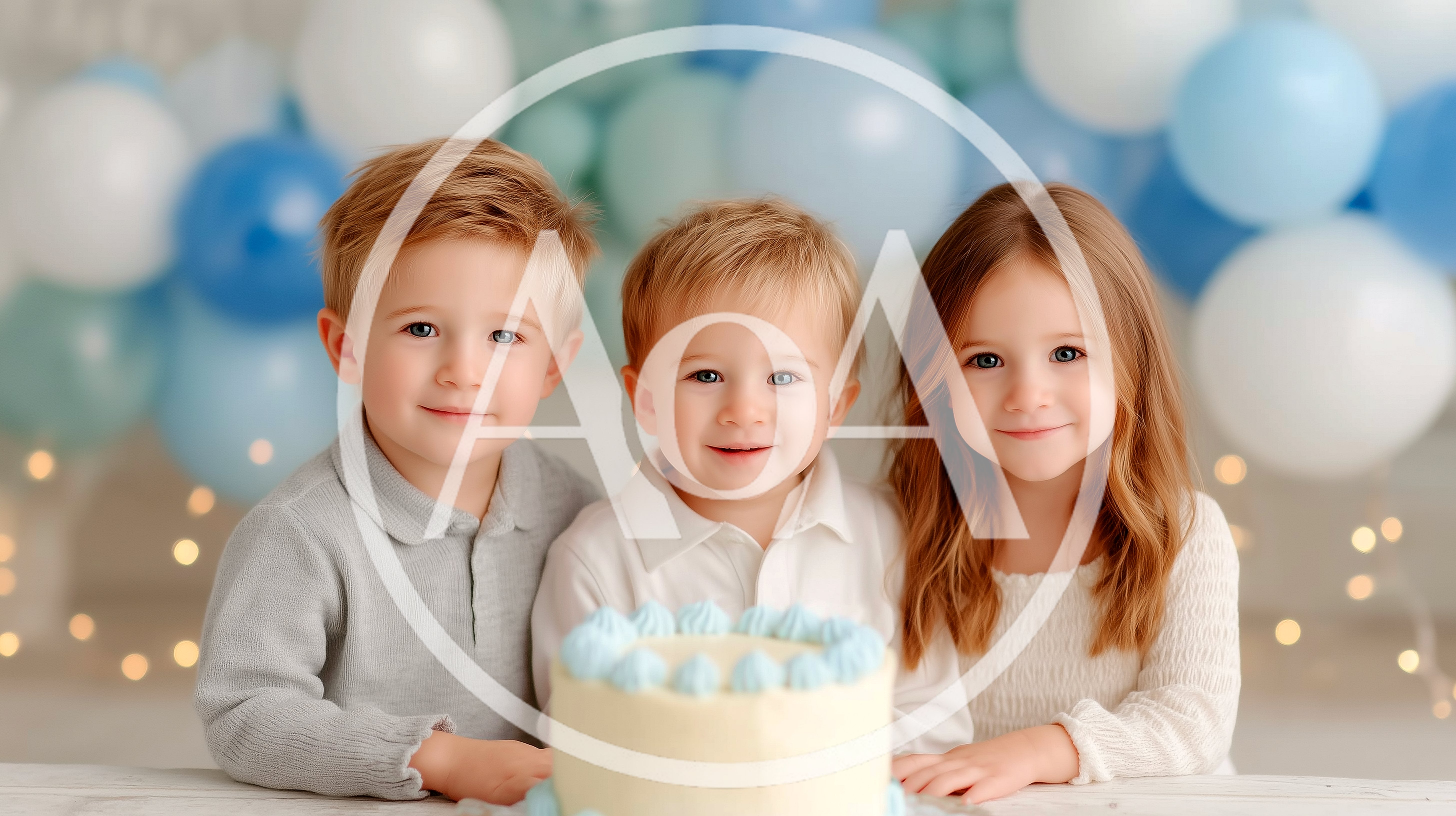 Three Young Children Posing Behind A Birthday Cake