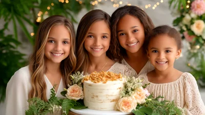 Four Young Sisters Posing With A Decorated Cake