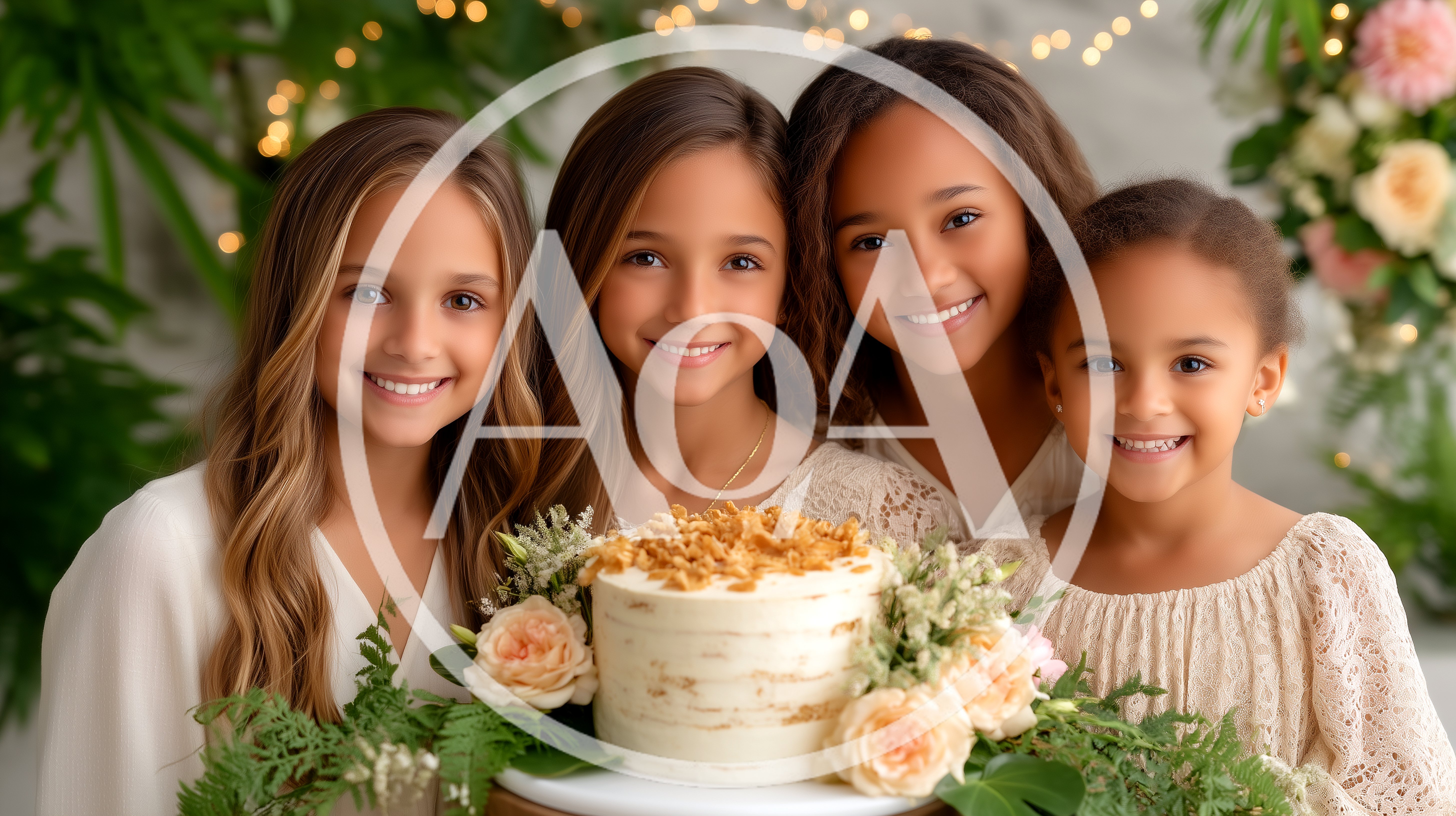 Four Young Sisters Posing With A Decorated Cake
