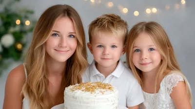 Young Mother And Two Children With Birthday Cake