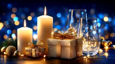 Christmas Candles And Golden Gift Boxes
