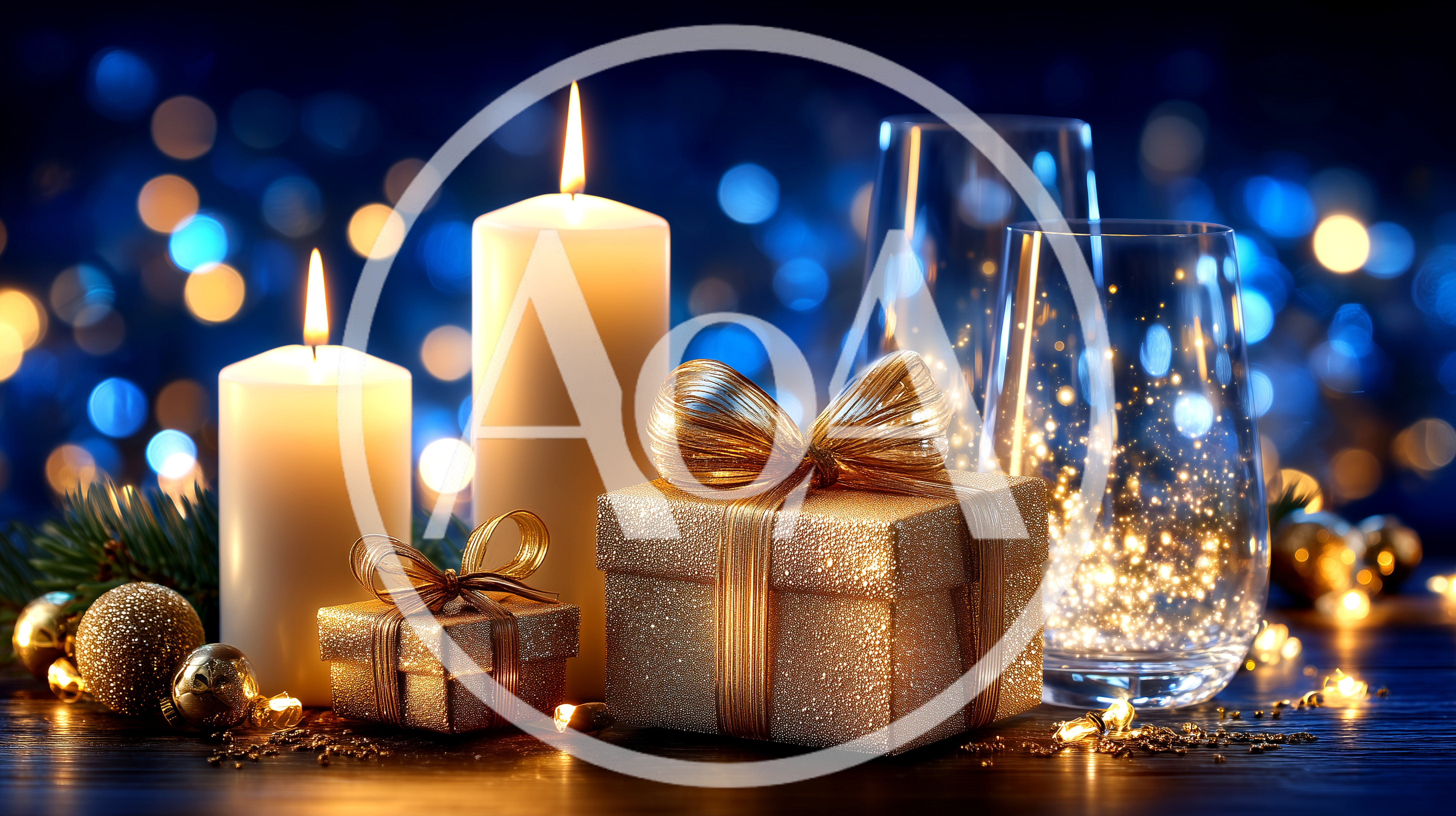 Christmas Candles And Golden Gift Boxes