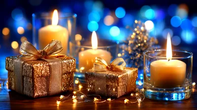 Golden Christmas Gift Boxes With Lit Candles