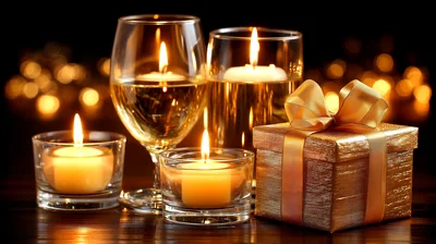 Festive Holiday Table Setting With Candles And Gift