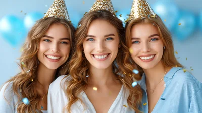 Three Young Women Celebrating With Party Hats And Confetti