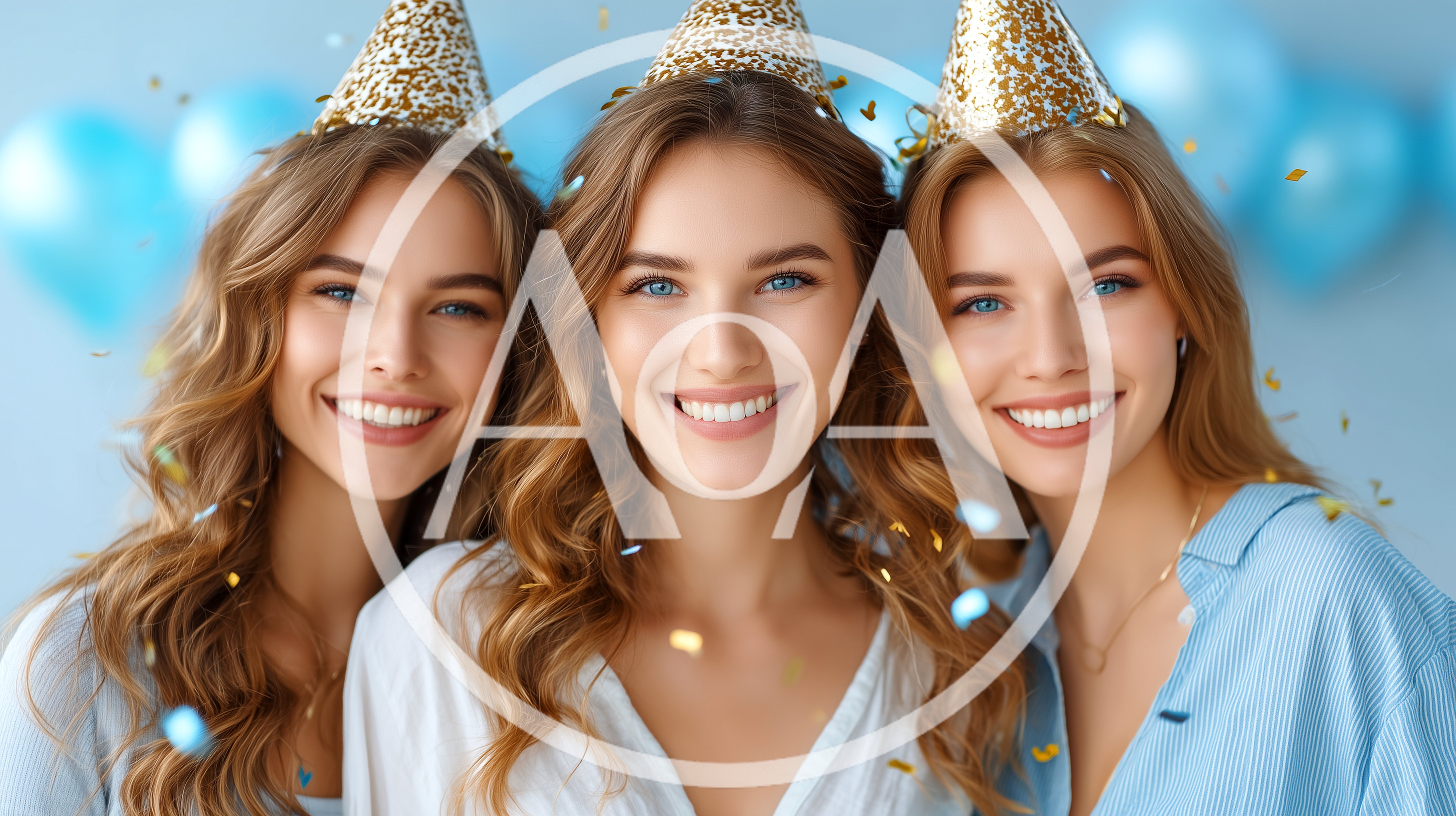 Three Young Women Celebrating With Party Hats And Confetti