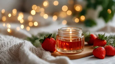 Lit Candle In Glass Jar With Fresh Strawberries
