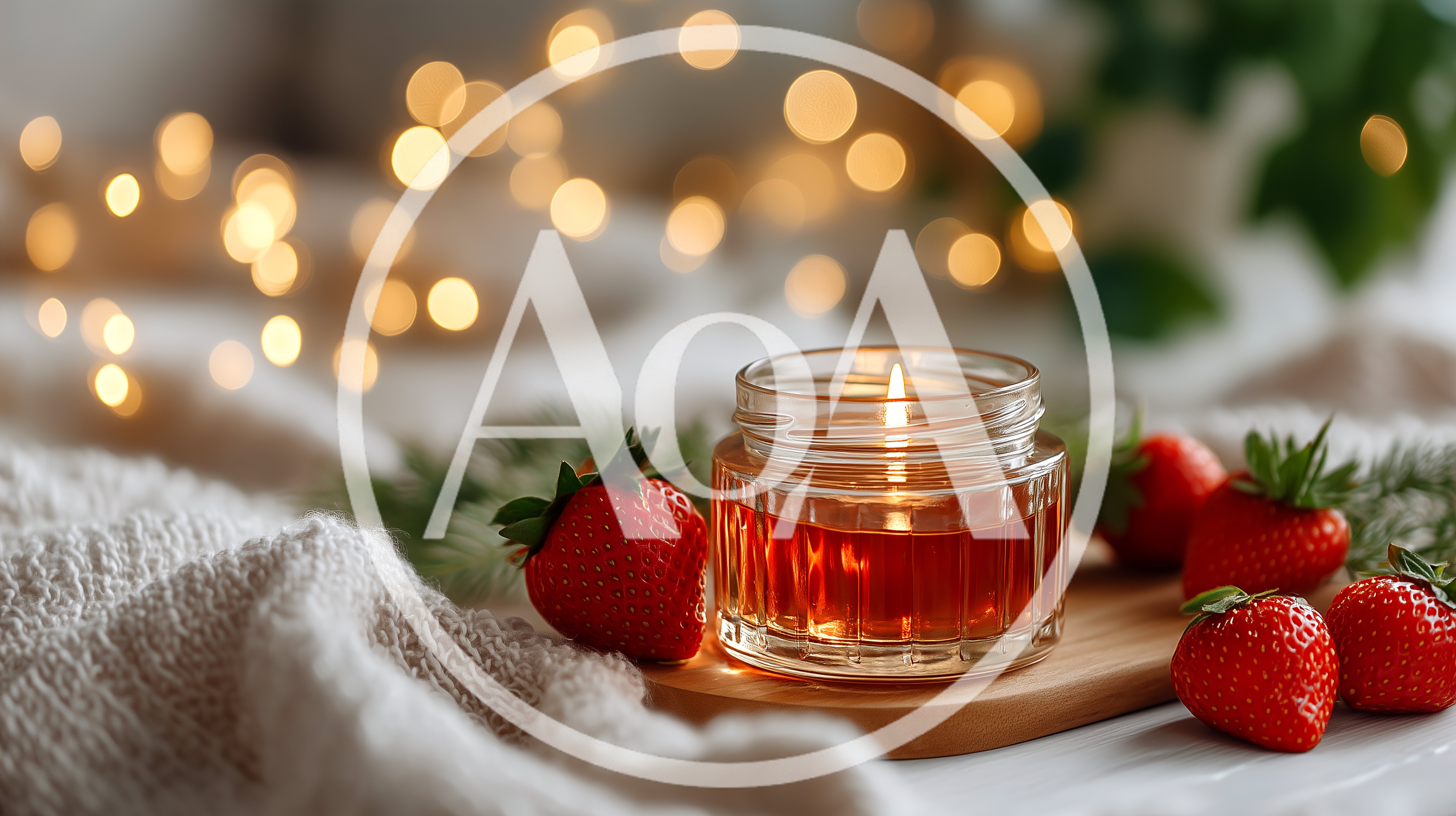Lit Candle In Glass Jar With Fresh Strawberries