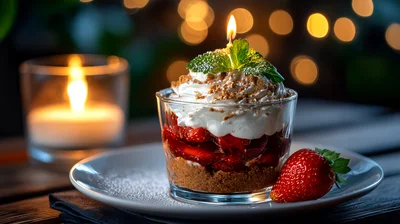 Strawberry Dessert Parfait With Candle And Bokeh Background