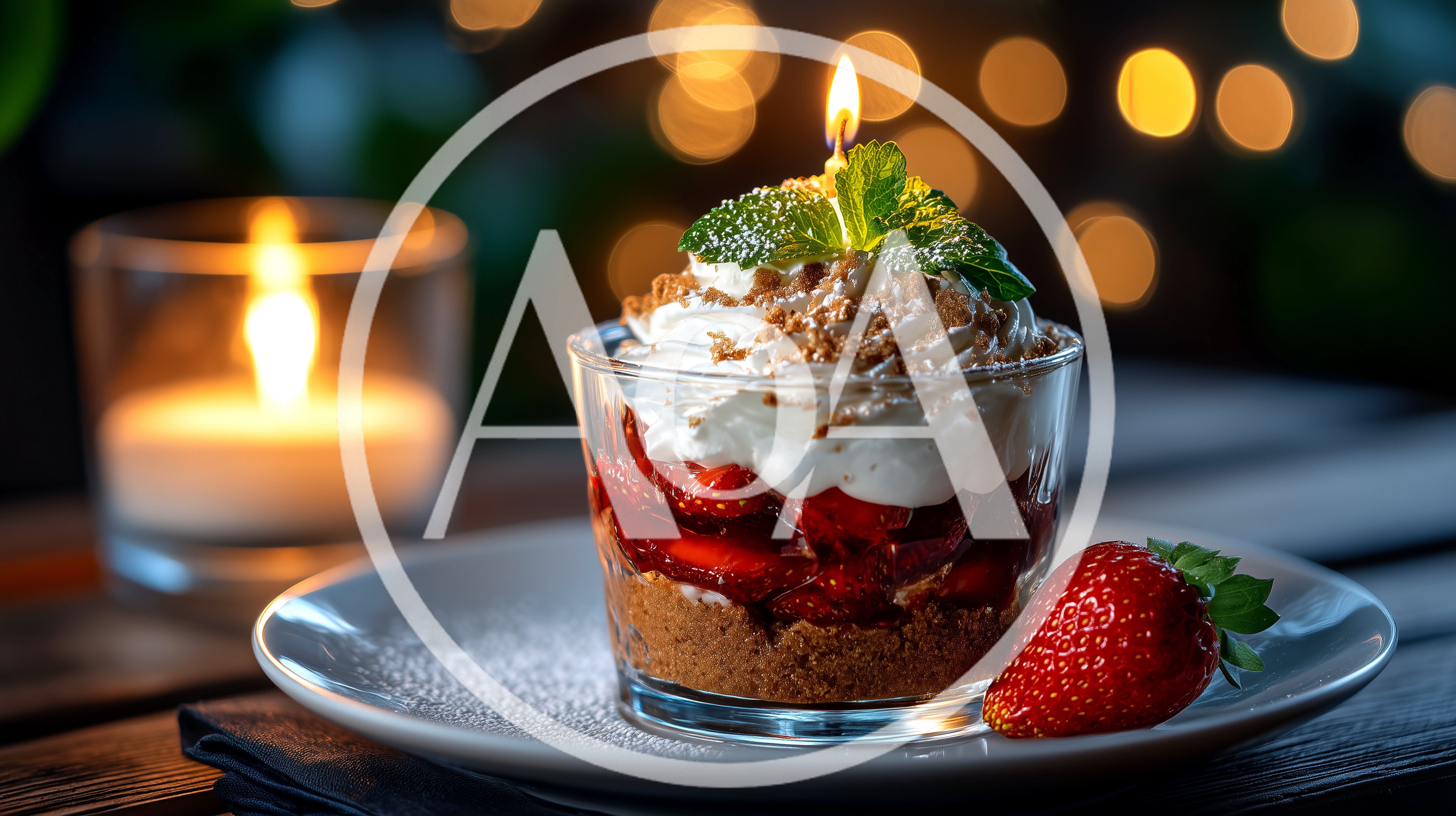 Strawberry Dessert Parfait With Candle And Bokeh Background