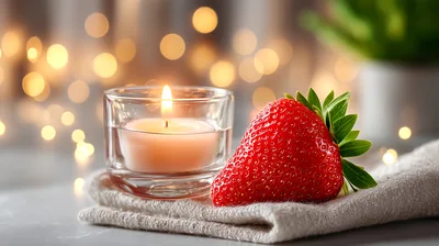 Lit Tea Light Candle And Fresh Strawberry On Linen