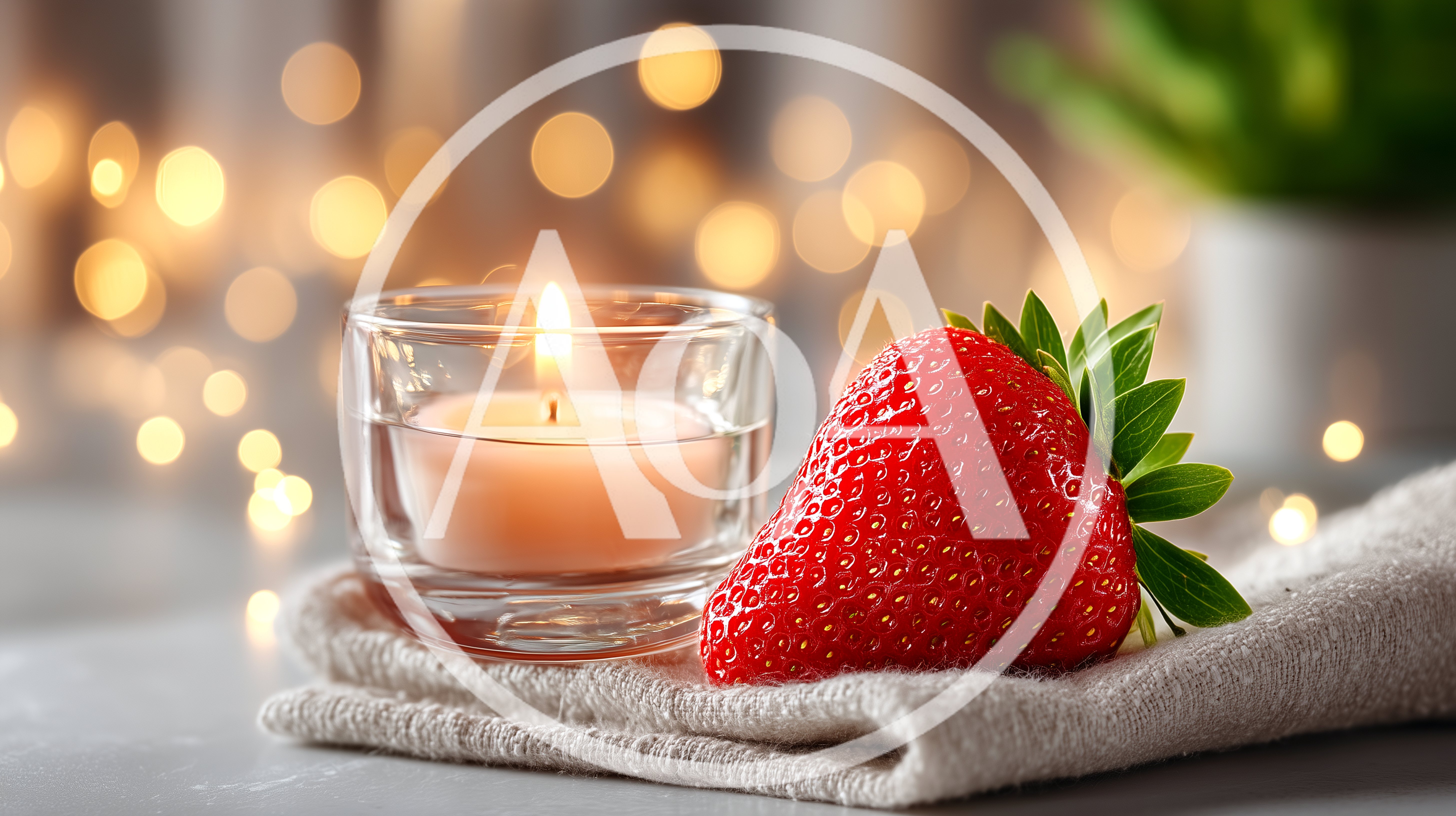 Lit Tea Light Candle And Fresh Strawberry On Linen