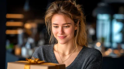 Young Woman Smiling While Holding A Wrapped Gift