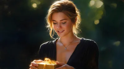 Young Woman Opening A Glowing Gift Box