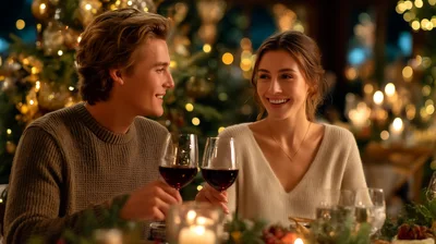 Young Couple Toasting With Red Wine At Christmas Dinner