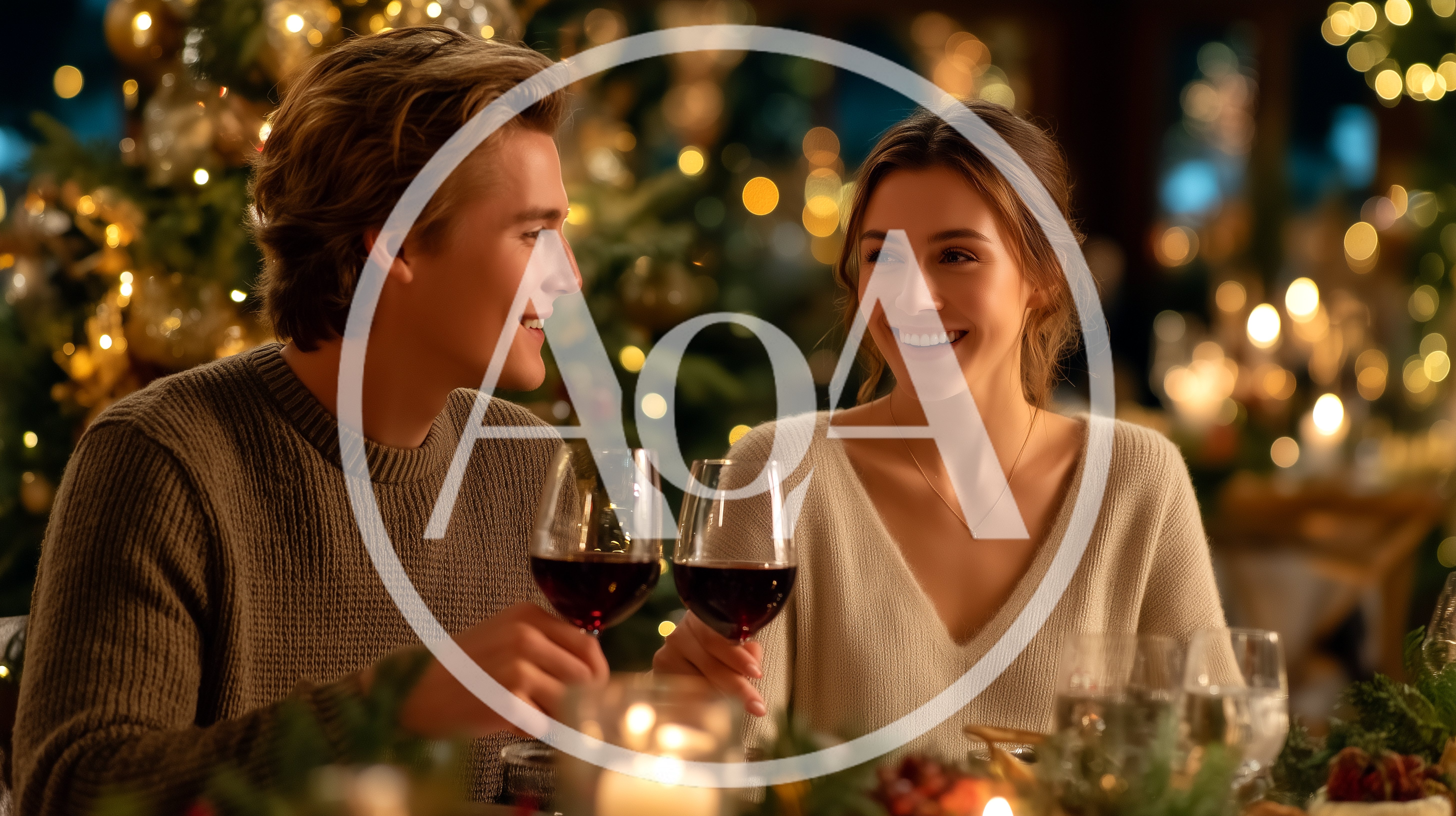 Young Couple Toasting With Red Wine At Christmas Dinner