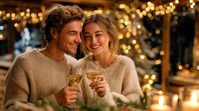 Happy Couple Toasting With Wine During Romantic Evening