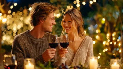 Happy Couple Toasting With Red Wine At Romantic Dinner