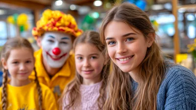 Young Girls Posing With A Friendly Clown