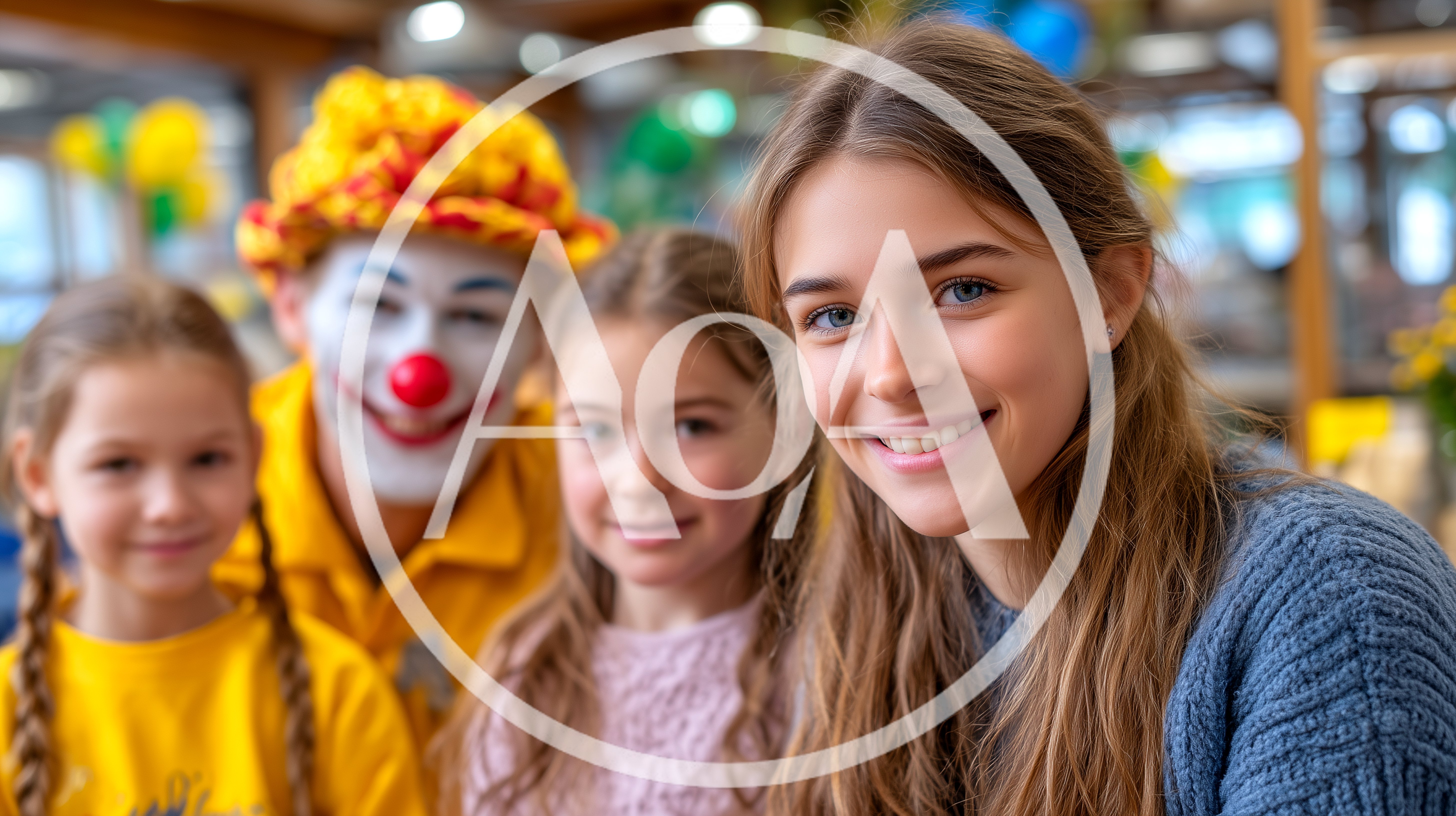 Young Girls Posing With A Friendly Clown