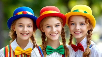 Three Young Girls Wearing Colorful Clown Hats and Bow Ties