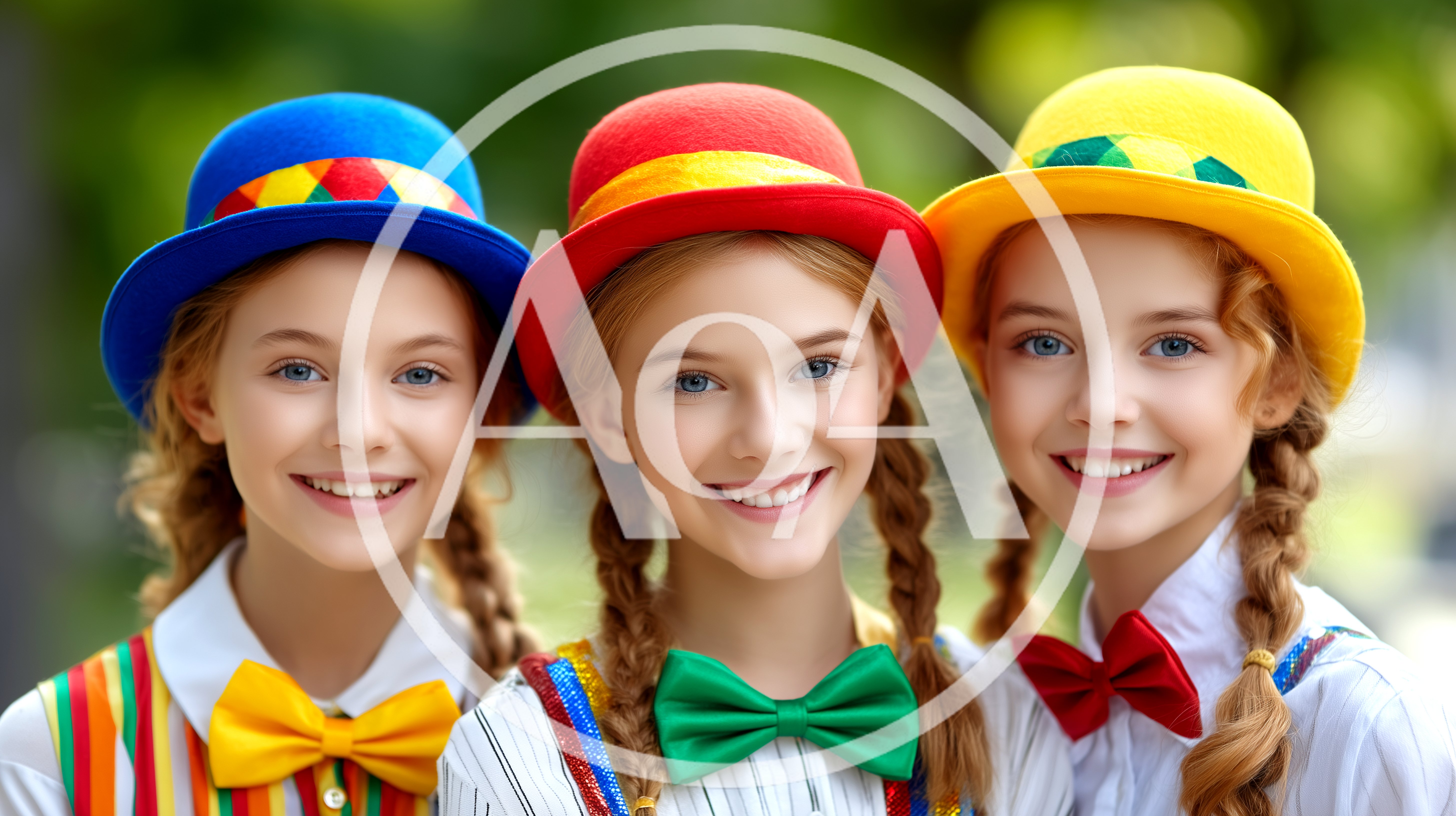 Three Young Girls Wearing Colorful Clown Hats and Bow Ties