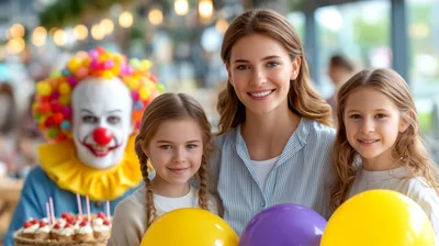 Mother And Daughters Celebrating With A Clown