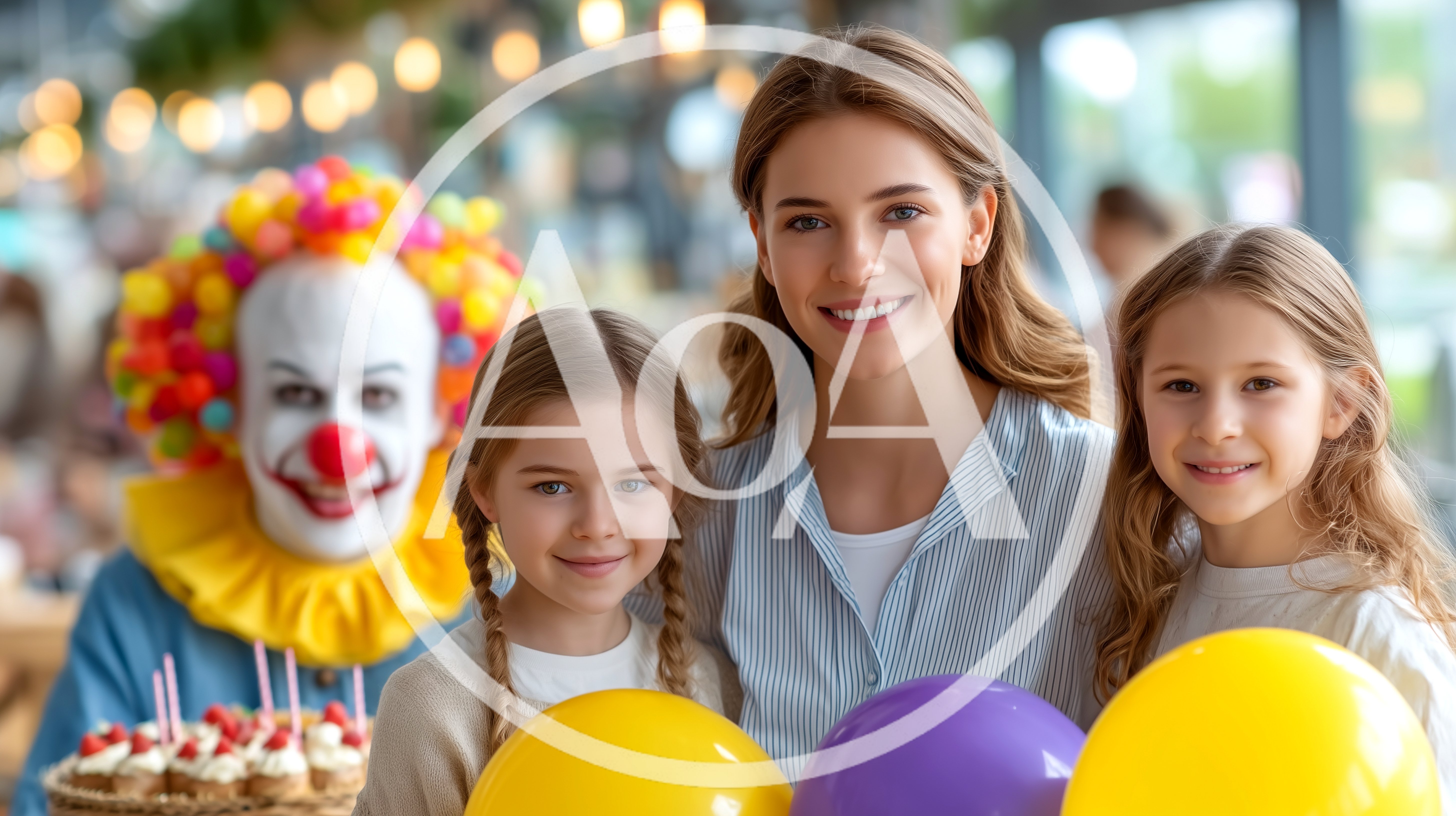 Mother And Daughters Celebrating With A Clown