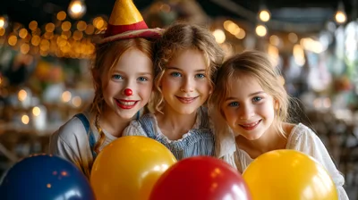 Three Young Girls Celebrating With Colorful Balloons