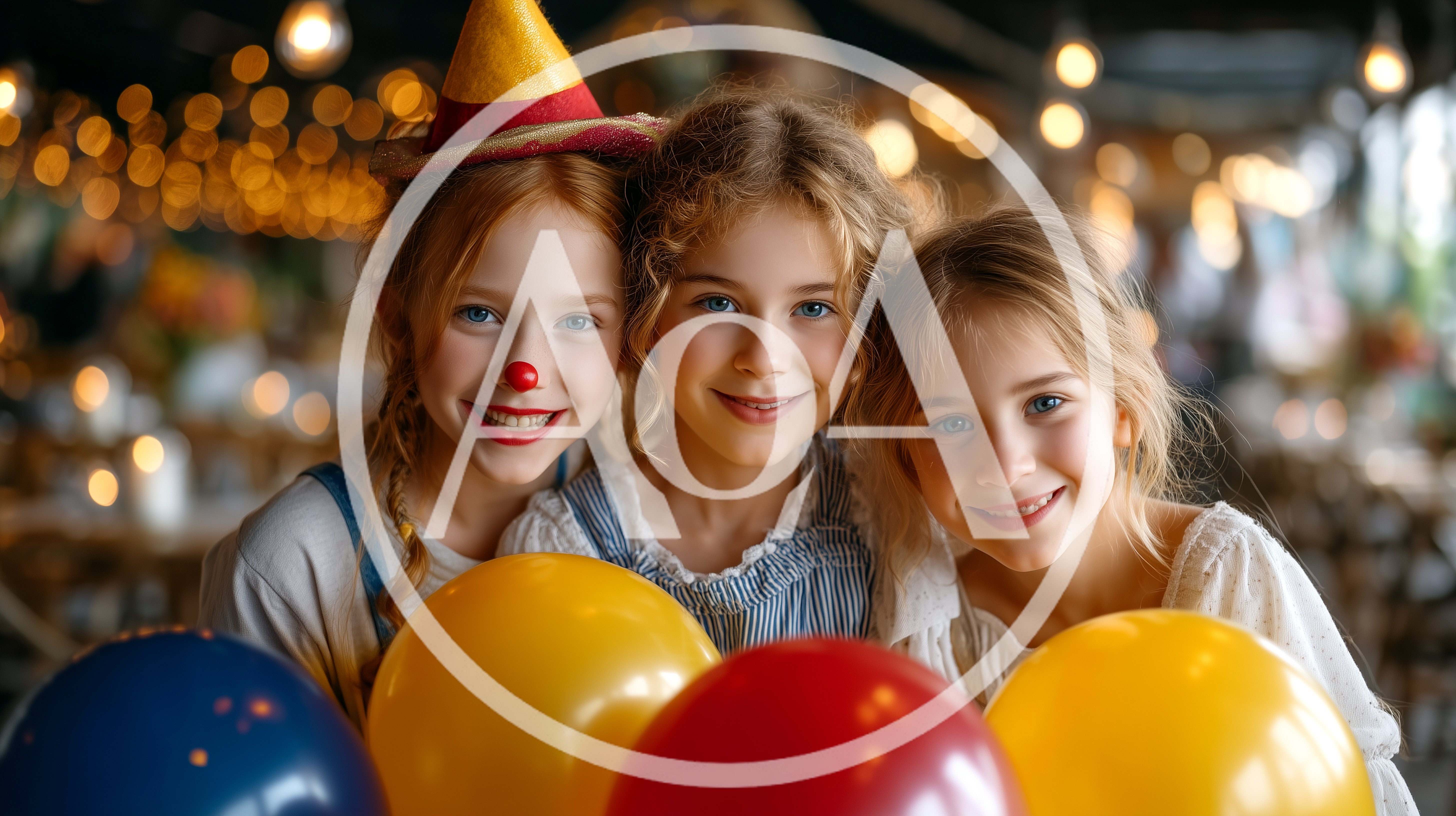 Three Young Girls Celebrating With Colorful Balloons