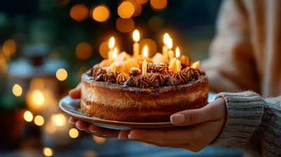Person Holding A Birthday Cake With Lit Candles
