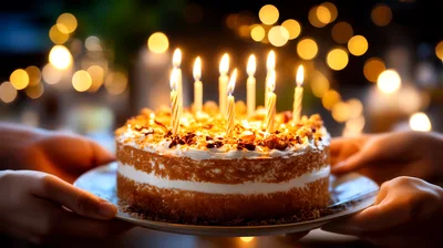 Hands Holding A Birthday Cake With Lit Candles