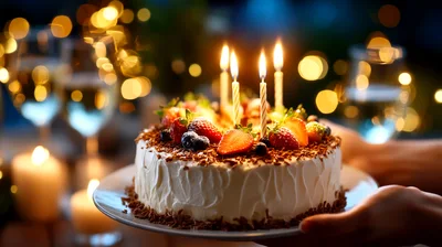 Birthday Cake With Lit Candles Held By Hands