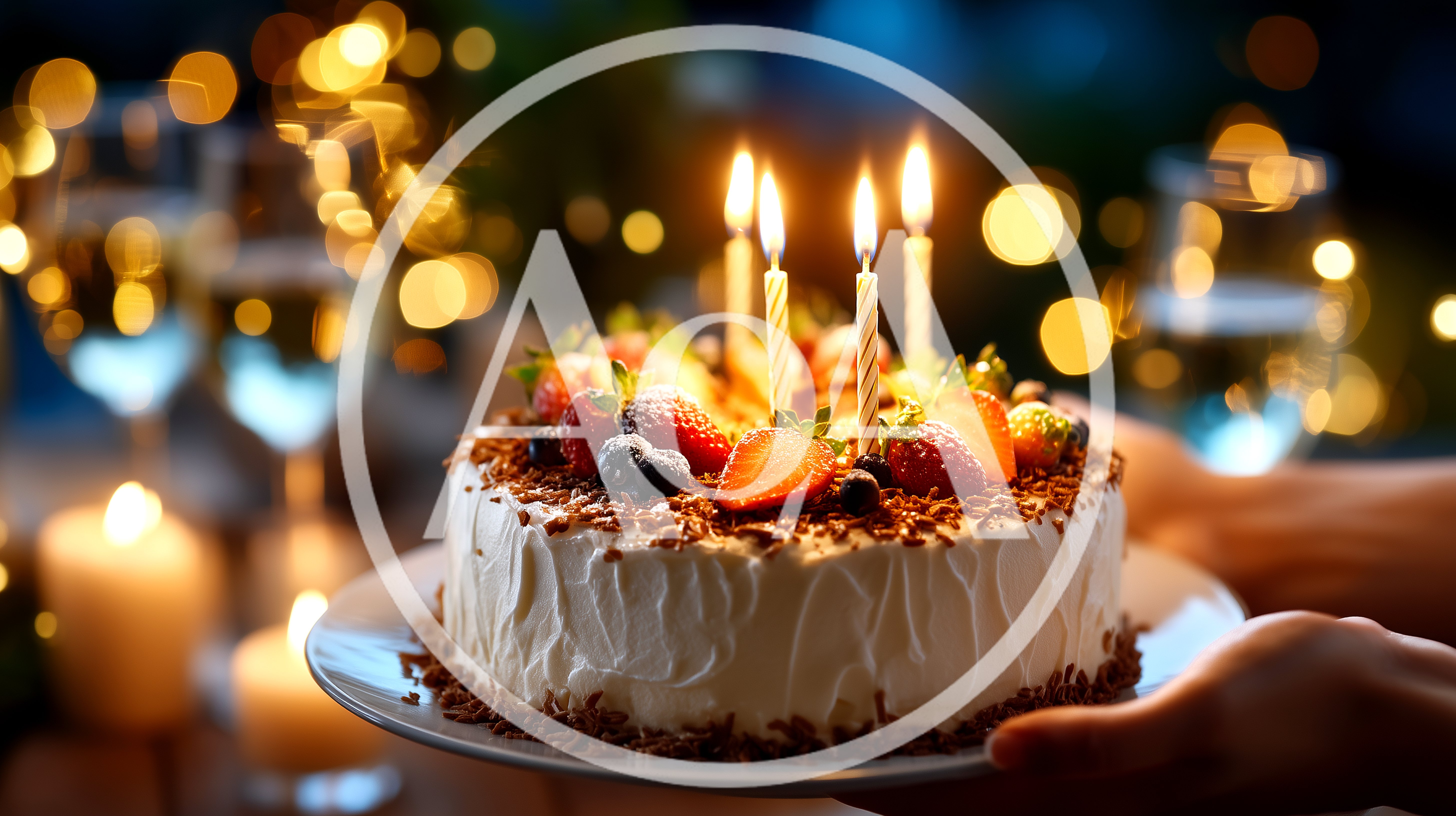 Birthday Cake With Lit Candles Held By Hands