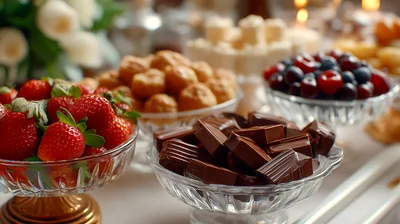 Assorted Gourmet Desserts And Fresh Fruit On Display
