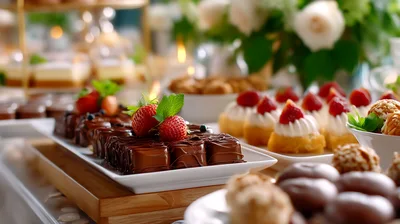 Gourmet Chocolate Desserts and Pastries on Buffet Table