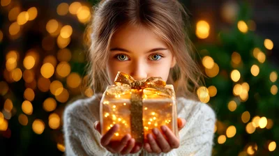 Young Girl Holding A Glowing Christmas Gift