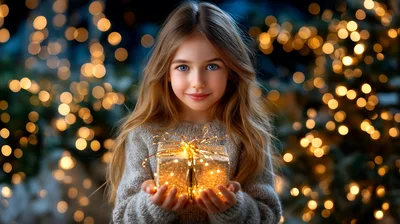 Young Girl Holding A Glowing Christmas Gift