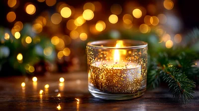 Lit Candle In Glittery Glass With Christmas Decor