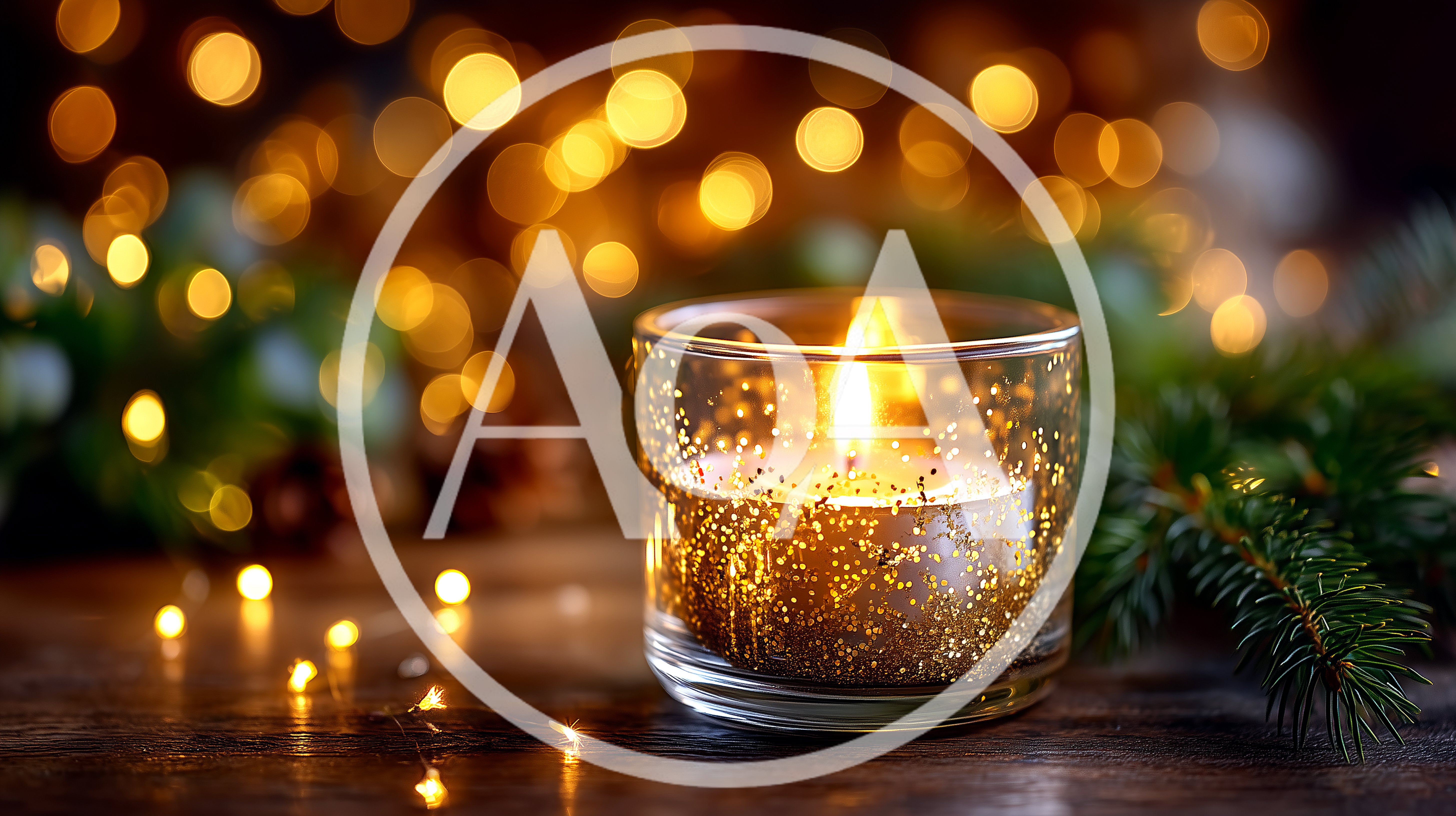 Lit Candle In Glittery Glass With Christmas Decor