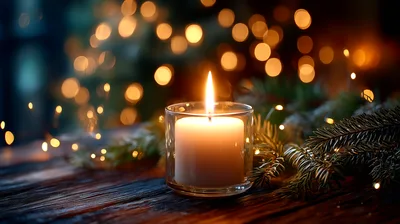 Lit Candle In Glass Holder With Christmas Pine Branches