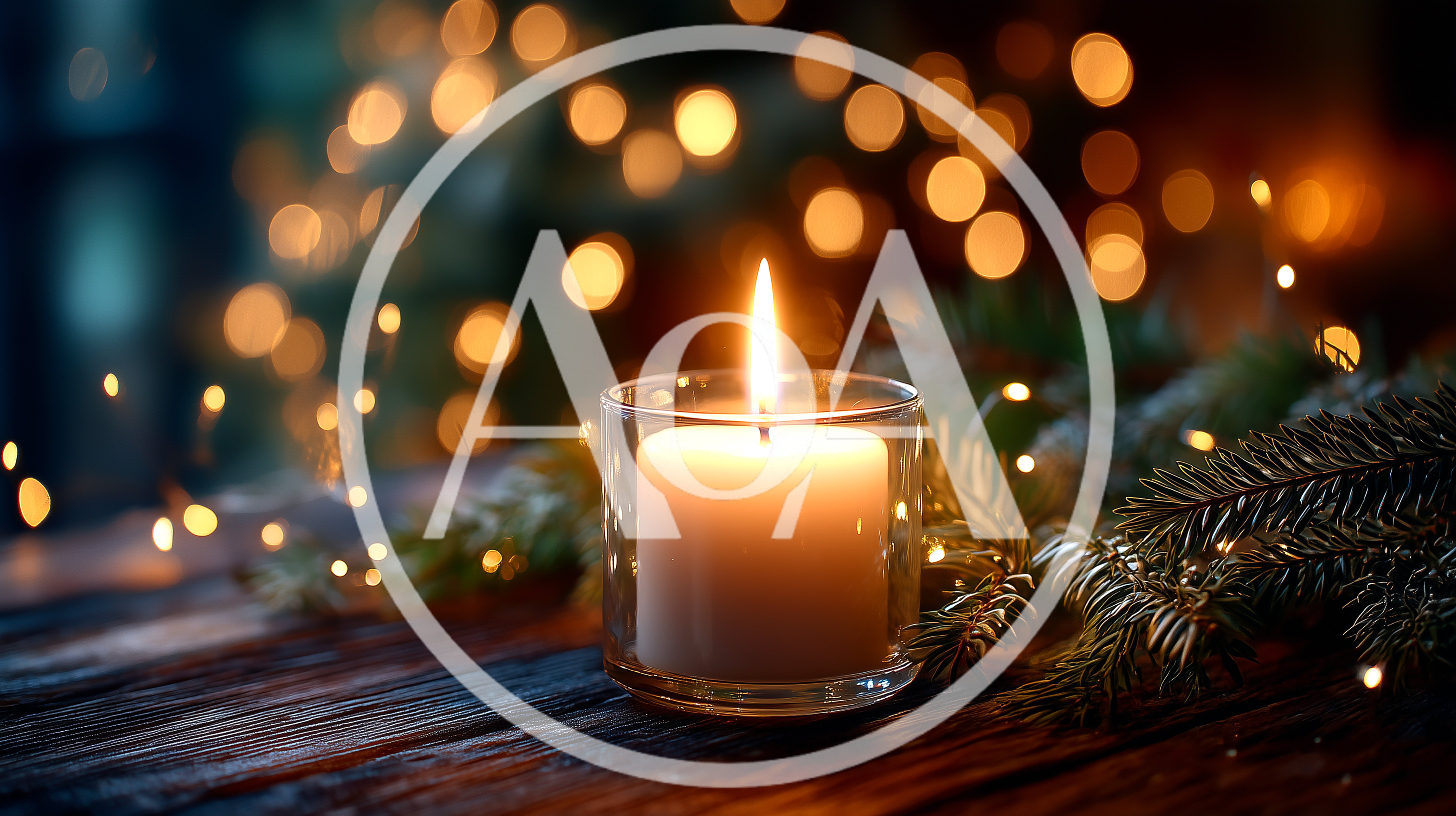 Lit Candle In Glass Holder With Christmas Pine Branches