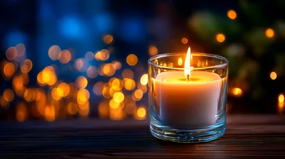 Lit Candle In Glass Jar With Bokeh Background