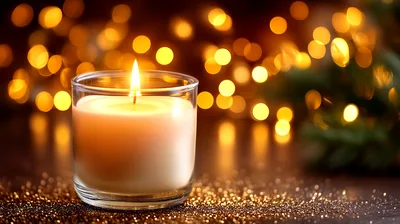 Lit Candle In Glass Jar With Bokeh Background