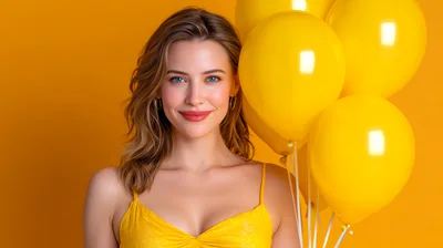 Smiling Young Woman Holding Yellow Balloons