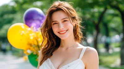 Smiling Young Woman With Balloons In A Park